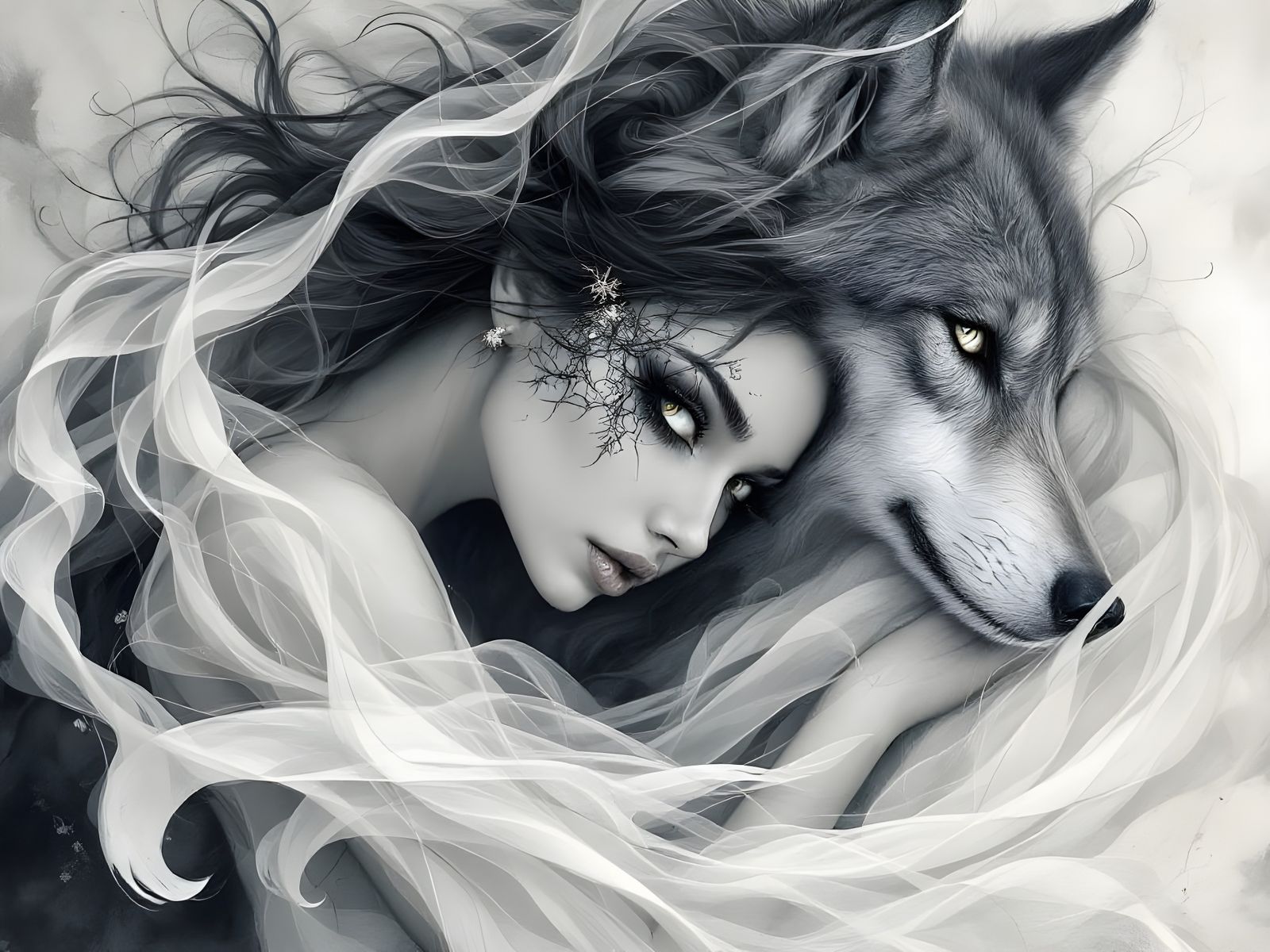 Ethereal Woman and Loyal Wolf in Vibrant Surrealist Art