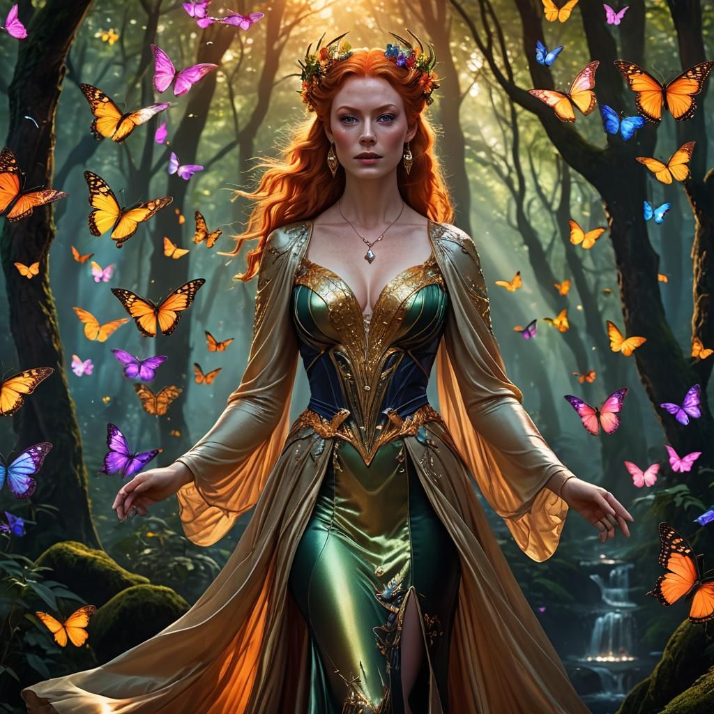 Enchanting Ginger Sorceress in Rainbow Forest, Hyperrealisti...