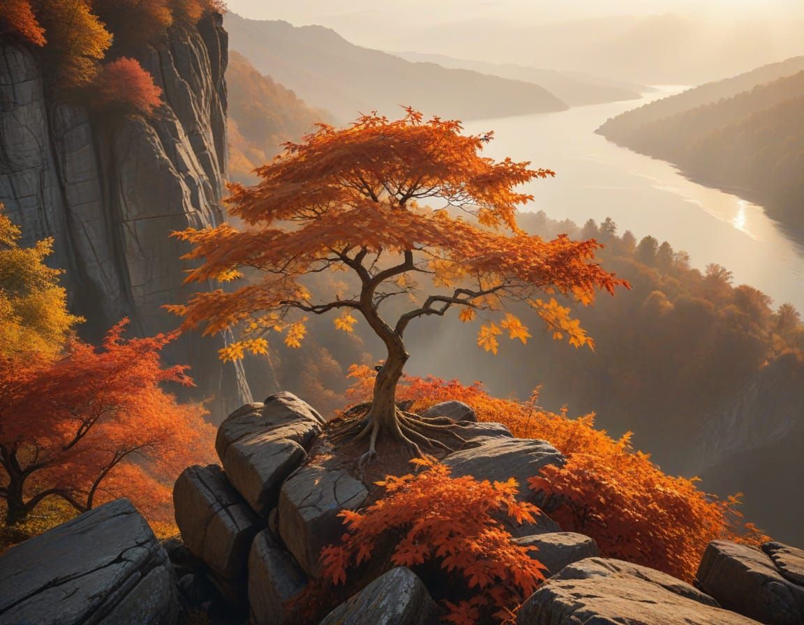 Majestic Golden Maple Tree on Cliff's Edge