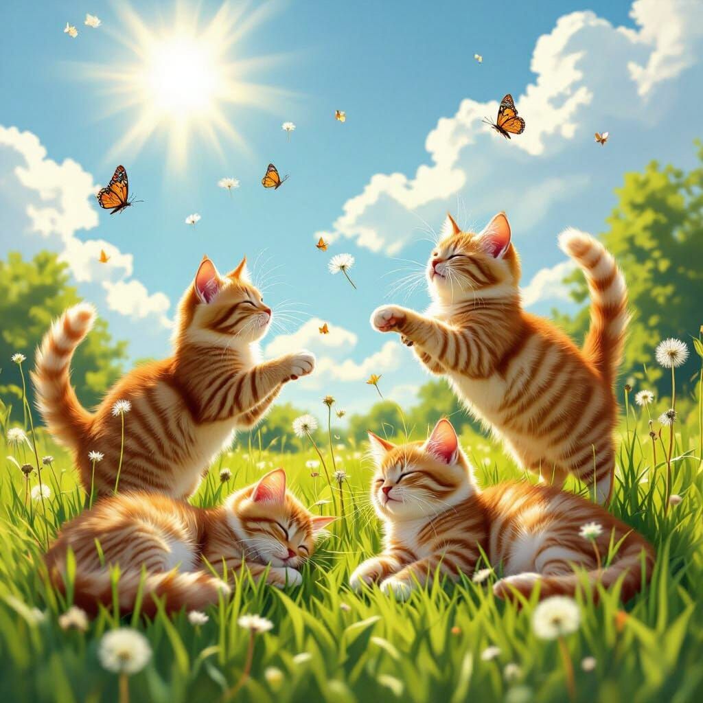 Playful Orange Cats Frolicking in Sunny Meadow