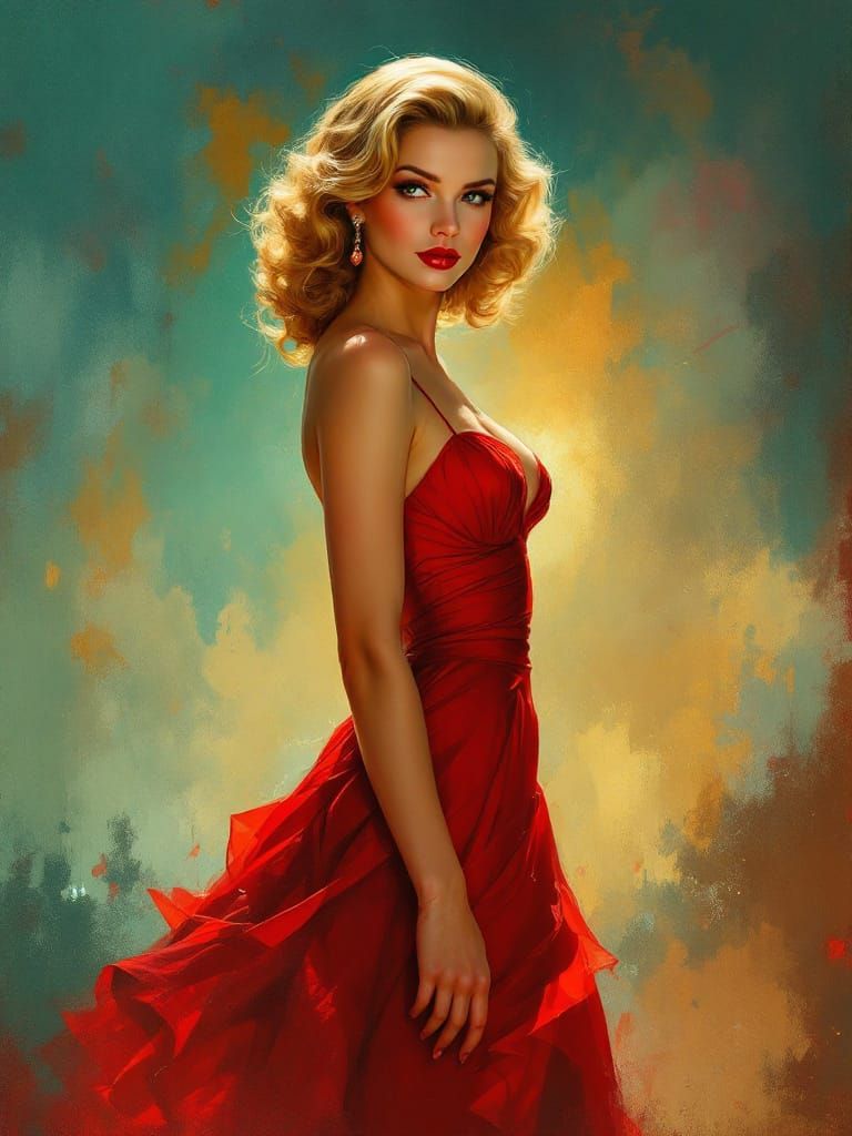 1950s Pin-Up Woman in Red Dress with Romantic Lighting