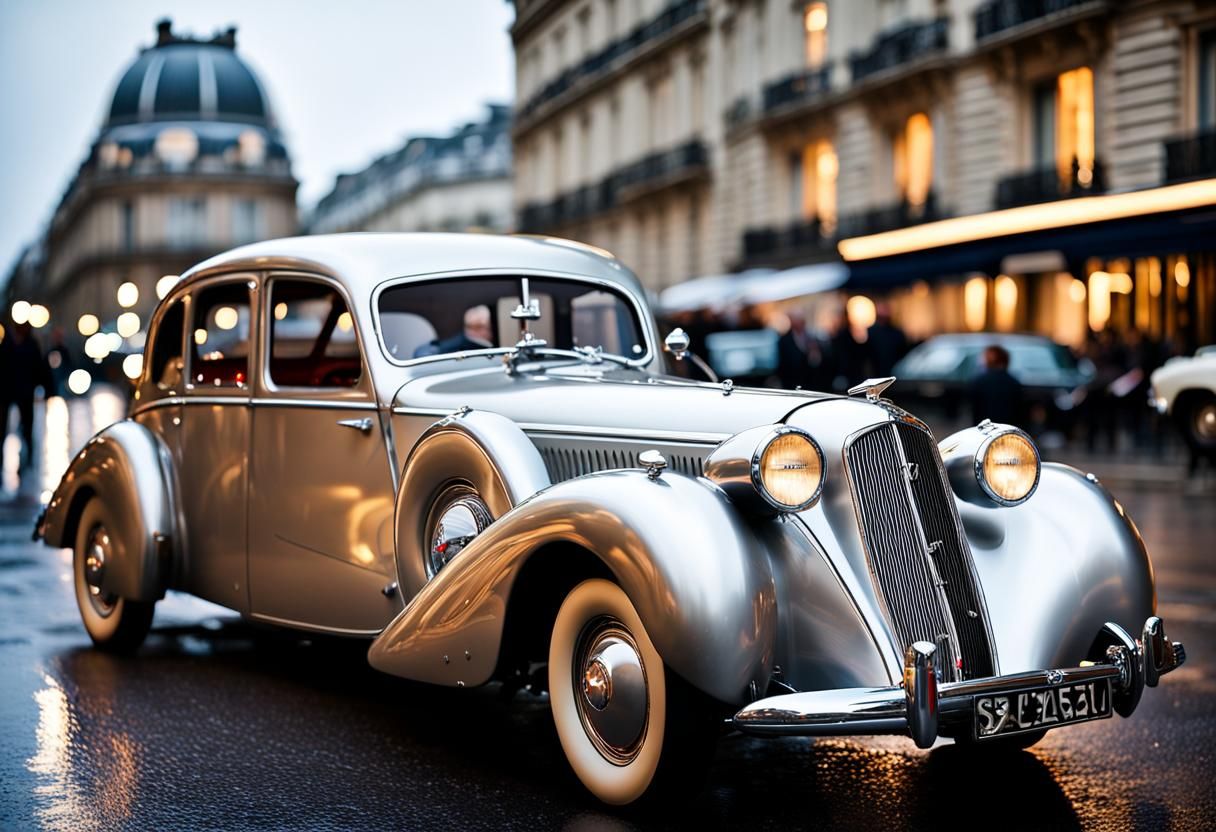 1945 French Luxury Car in Rainy Paris Night