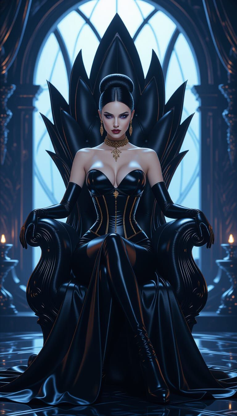 Woman on Obsidian Throne in Gothic Chamber