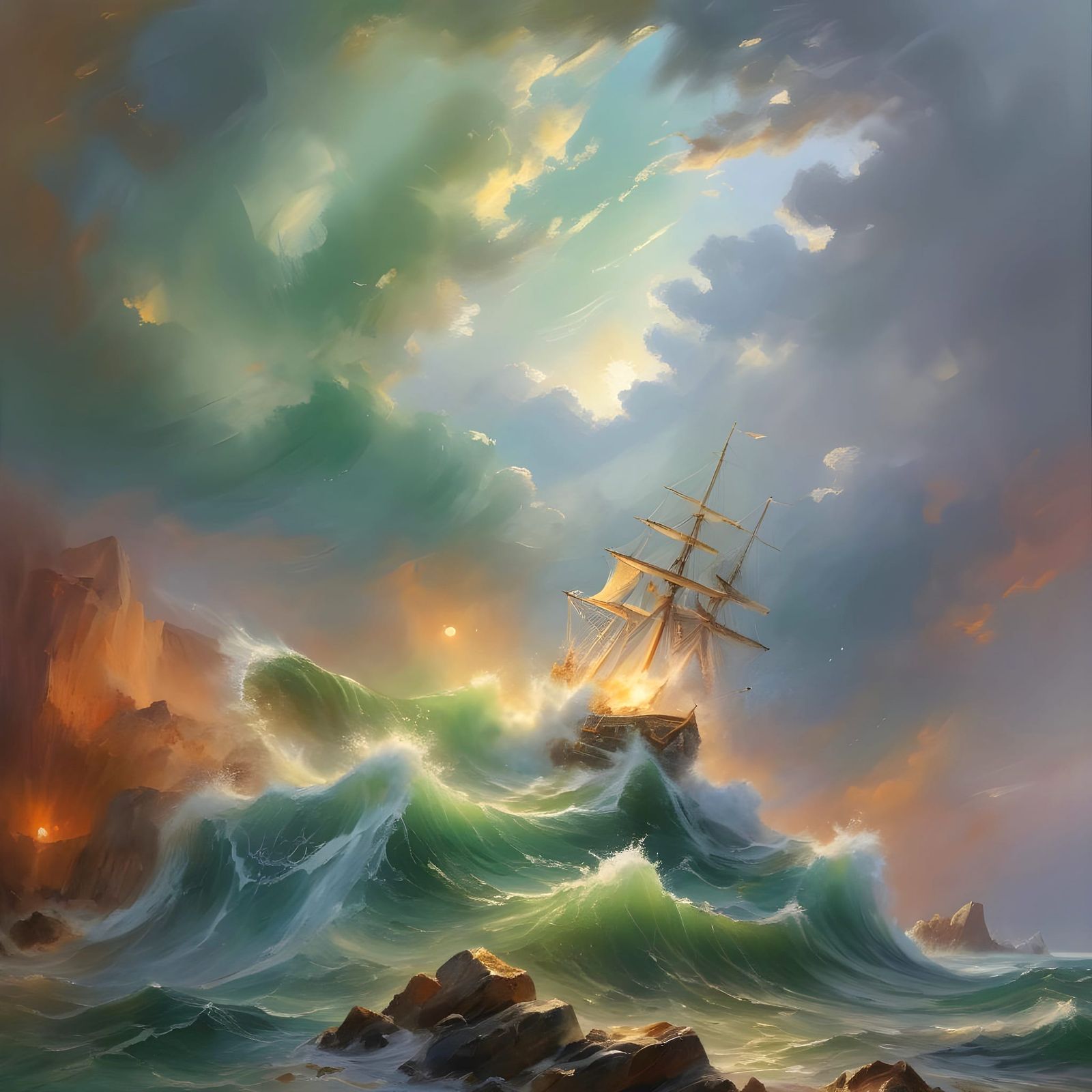 Dramatic Seascape Painting with Green Sky
