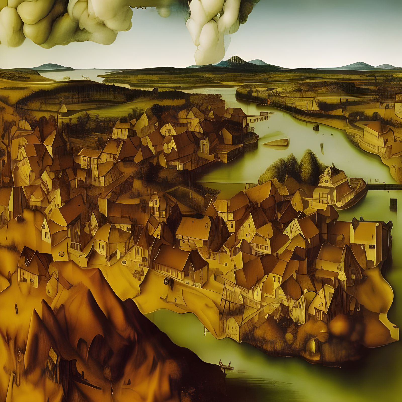 River Delta Town: Oil Painting with Dynamic Lighting