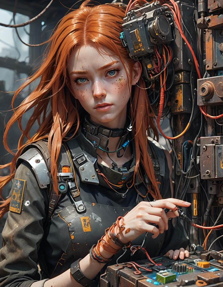 Ginger-Haired Girl Fixing Device in Post-Apocalyptic Style