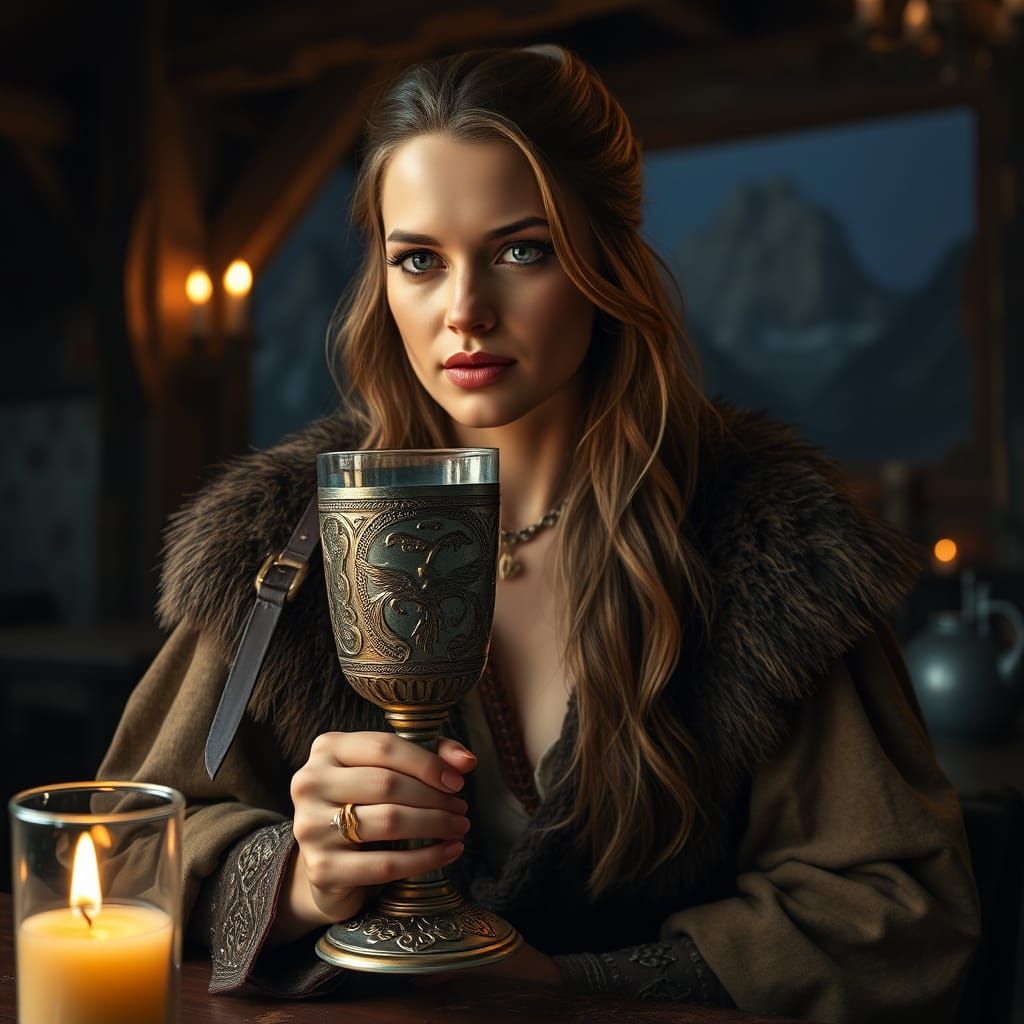 Medieval Supermodel in Viking Attire Sits in Dark Tavern