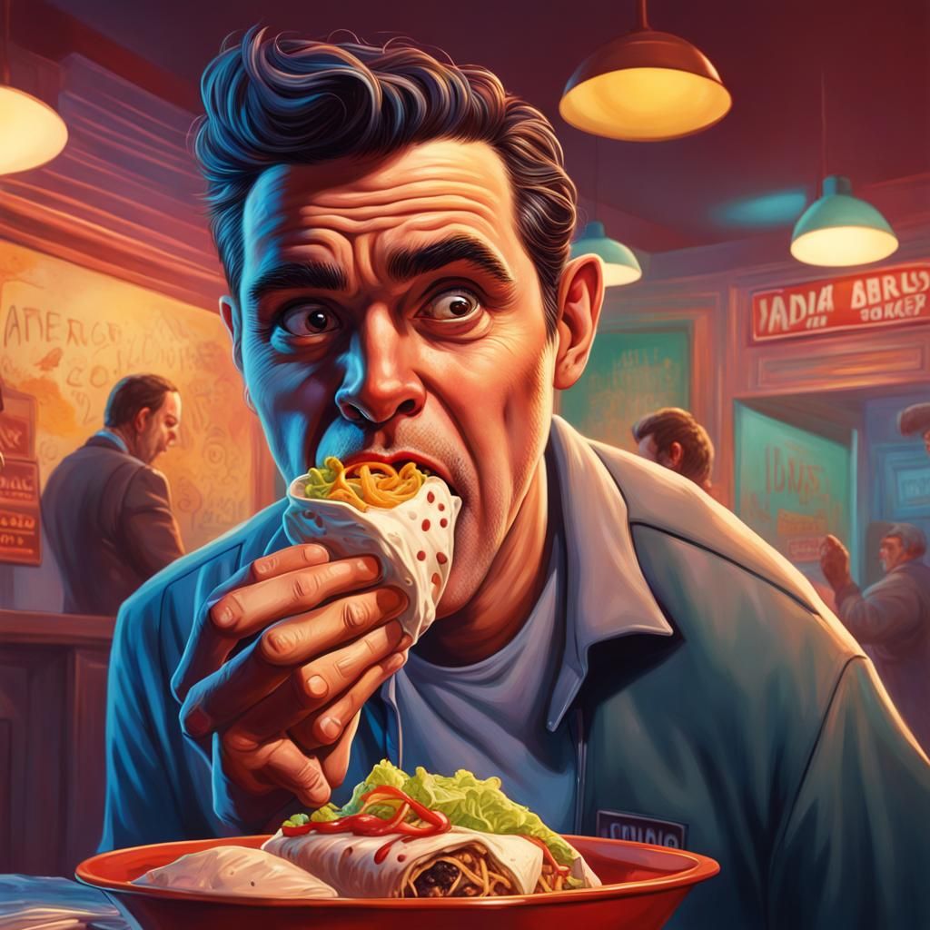 Hyperrealistic Twilight Zone Scene: Eating Burritos