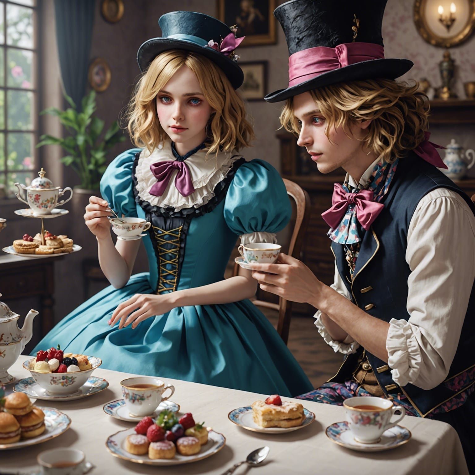 Alice and Mad Hatter Tea Party in Anime Style