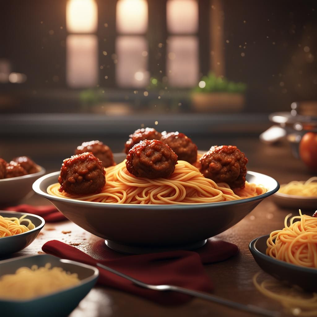 Delicious Spaghetti and Meatballs in Detailed Matte Painting