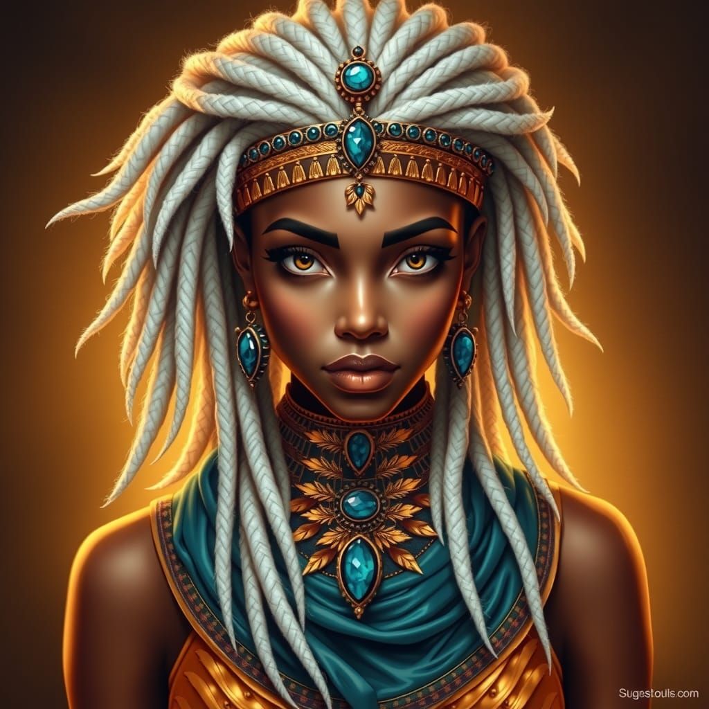 Cleopatra Portrait with White Dreadlocks and Gold Jewelry