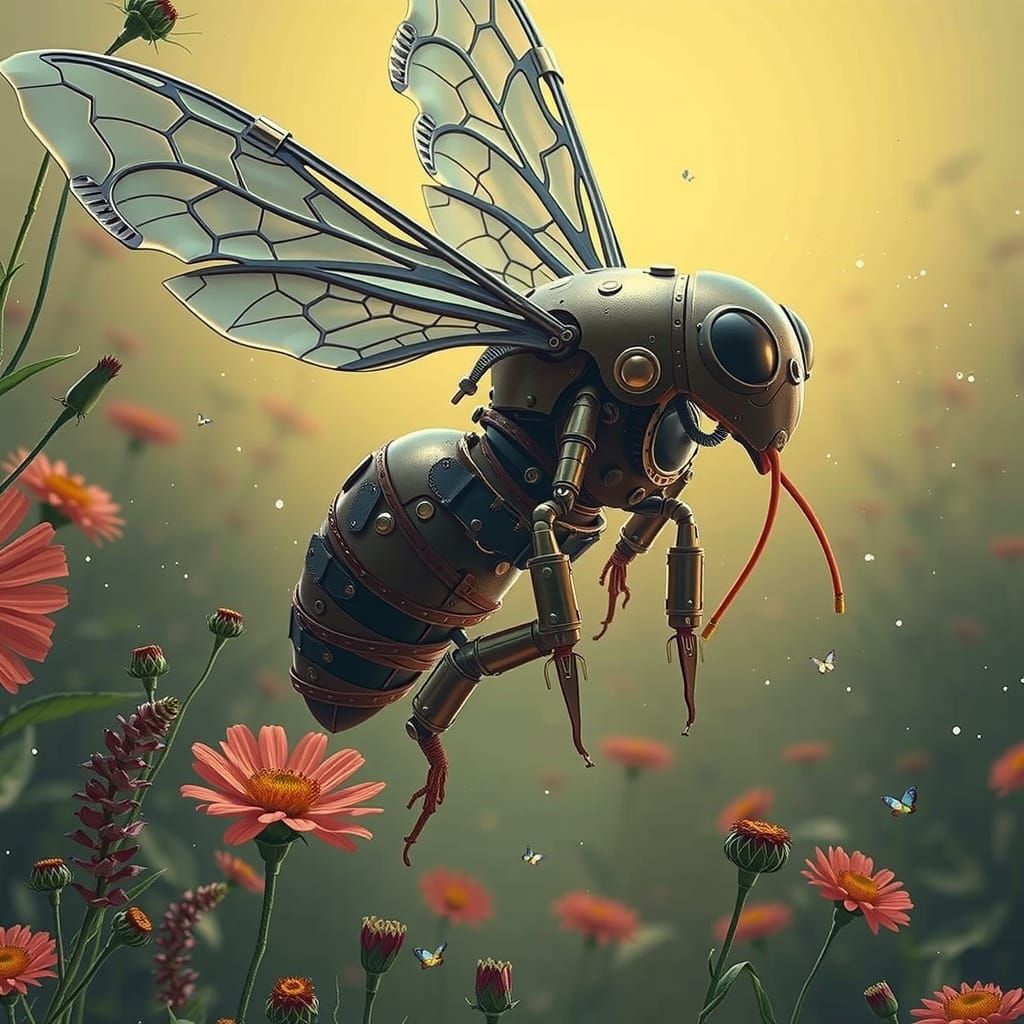 Steampunk Bumblebee Robot Collecting Nectar