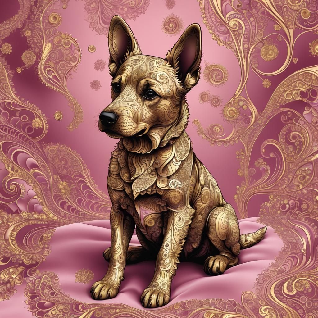 Golden Retriever on Pink Blanket with Abstract Fractals