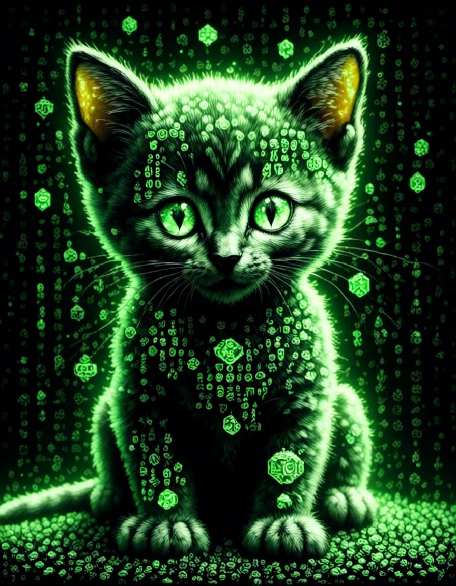 Matrix-Style Kitten Composed of Green Numbers