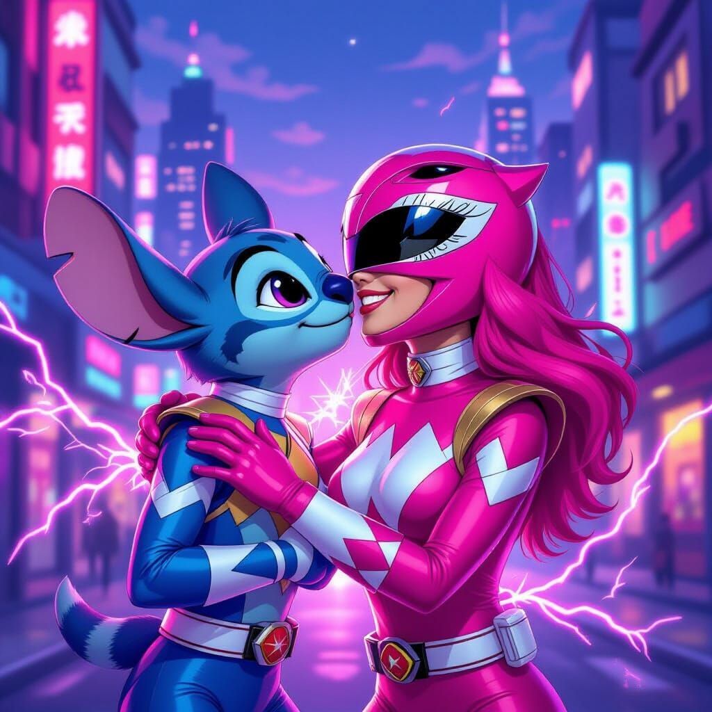 Pink Ranger Kisses Stitch in Neon Cityscape