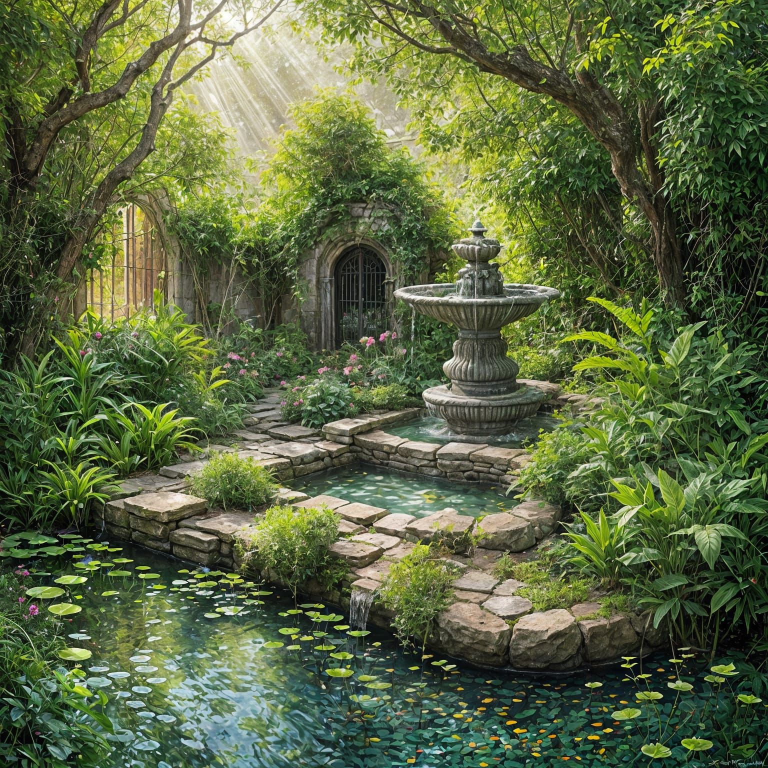 Fountain in Secluded Courtyard: Double Exposure Illustration