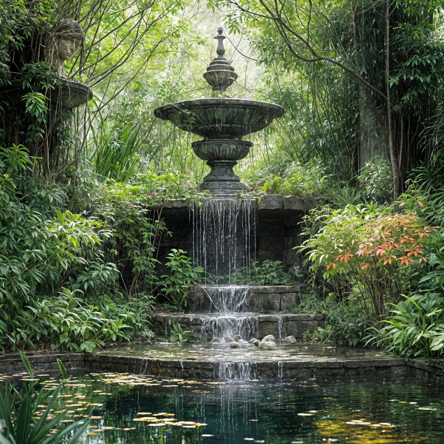 Courtyard Fountain in Double Exposure Style