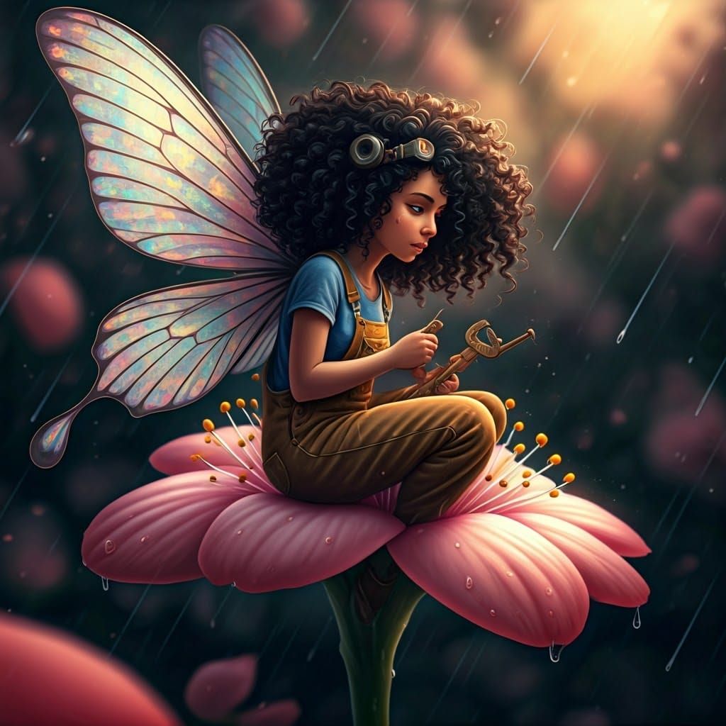 Fairy Mechanic Repairing Cherry Blossom, Whimsical Art