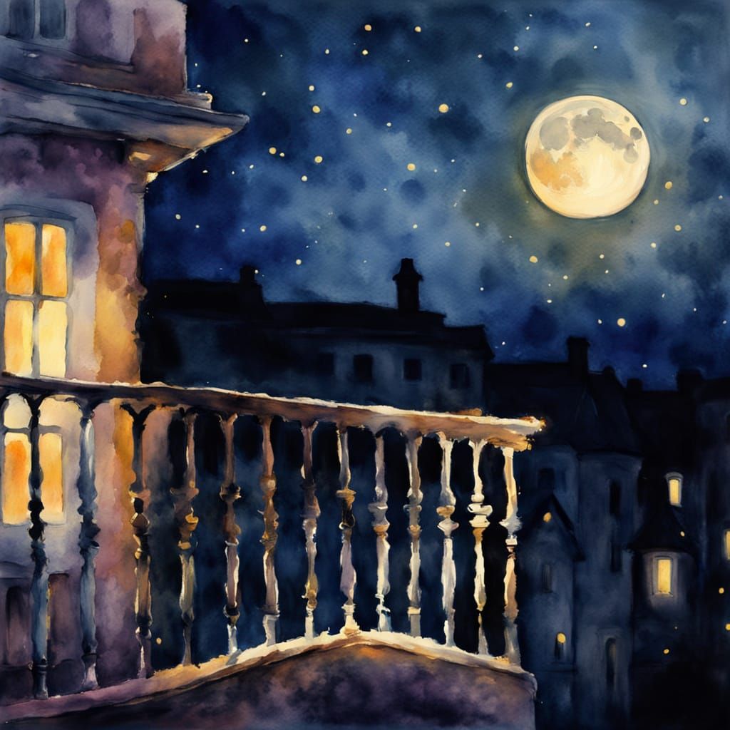 Moonlit Balcony in Dreamy Watercolor Style