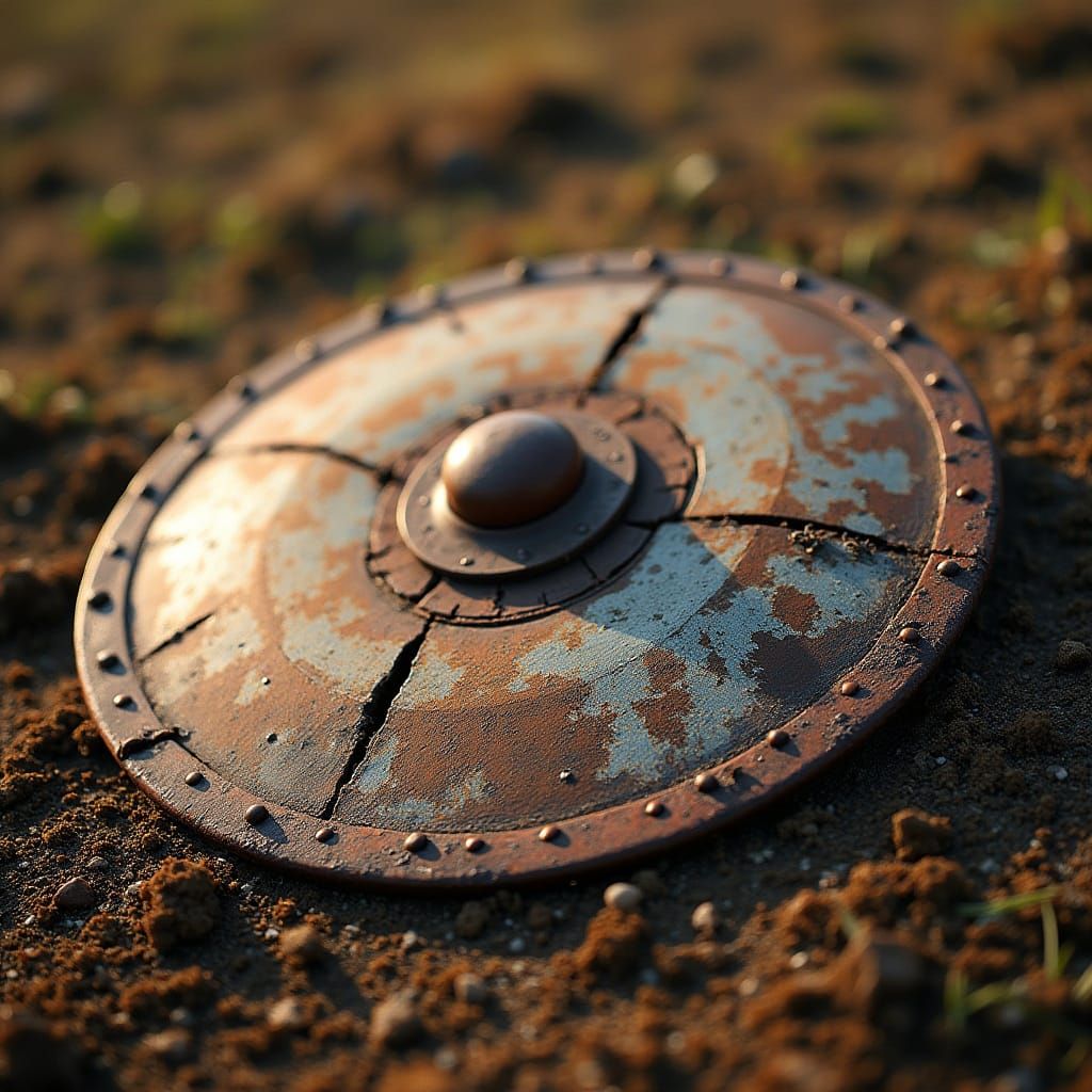 Rusted Ancient Greek Shield on Battle Scarred Terrain