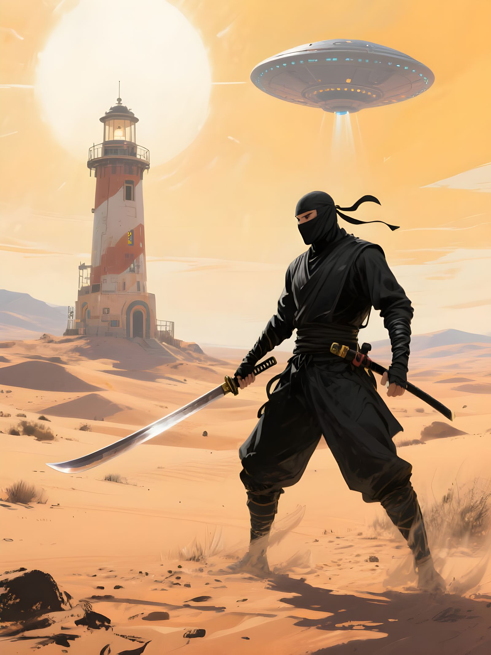 Retrofuturistic Desert Encounter with Ninja