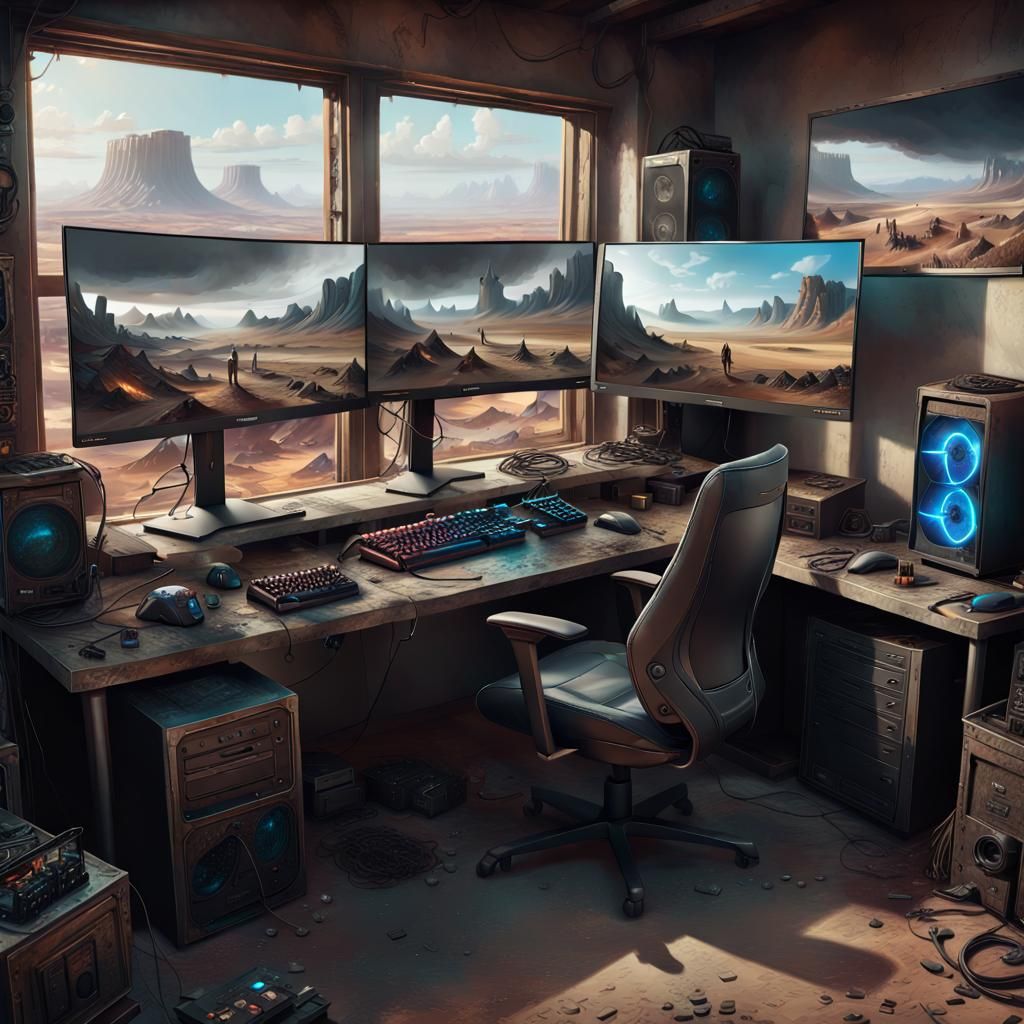 Gaming PC Setup Playing Wasteland: Cinematic Illustration