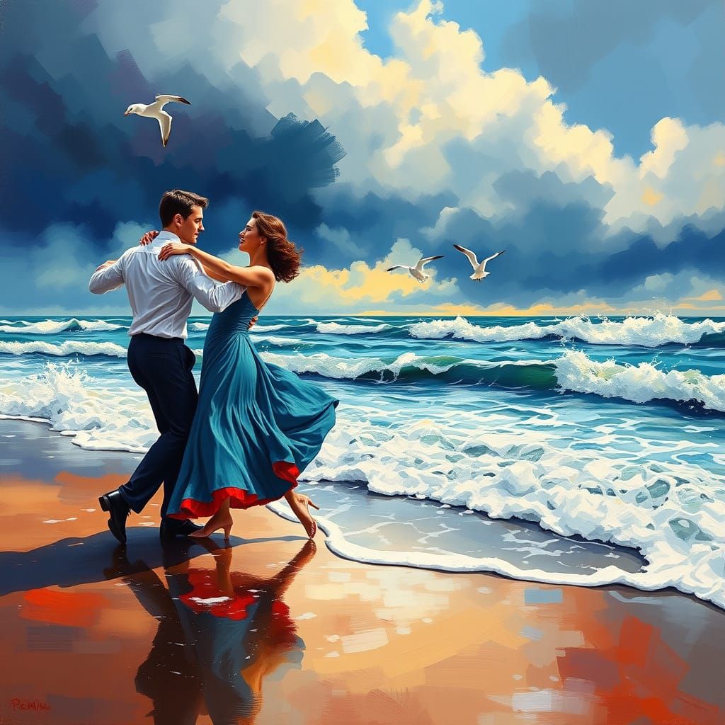 Tango Dancers on Stormy Beach, Impressionistic Style