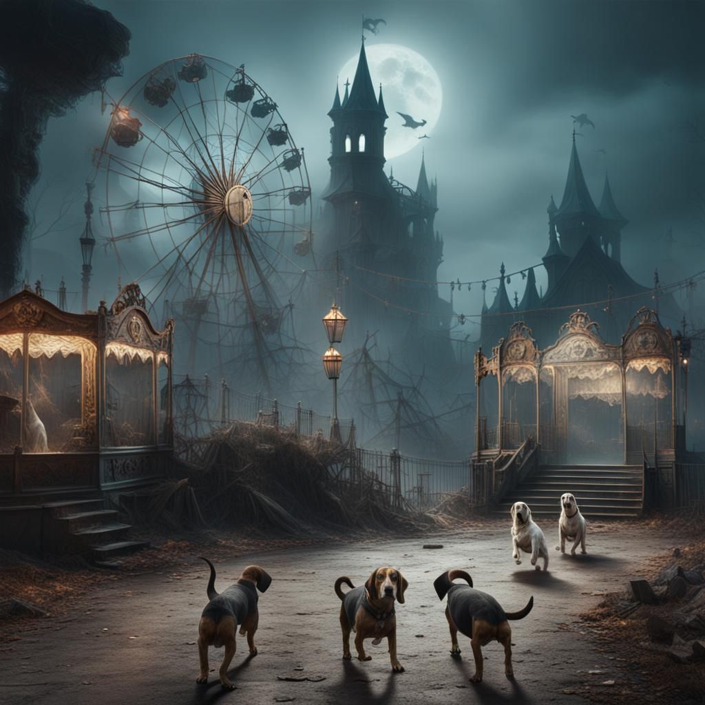 Eerie Abandoned Carnival with Ghostly Hounds