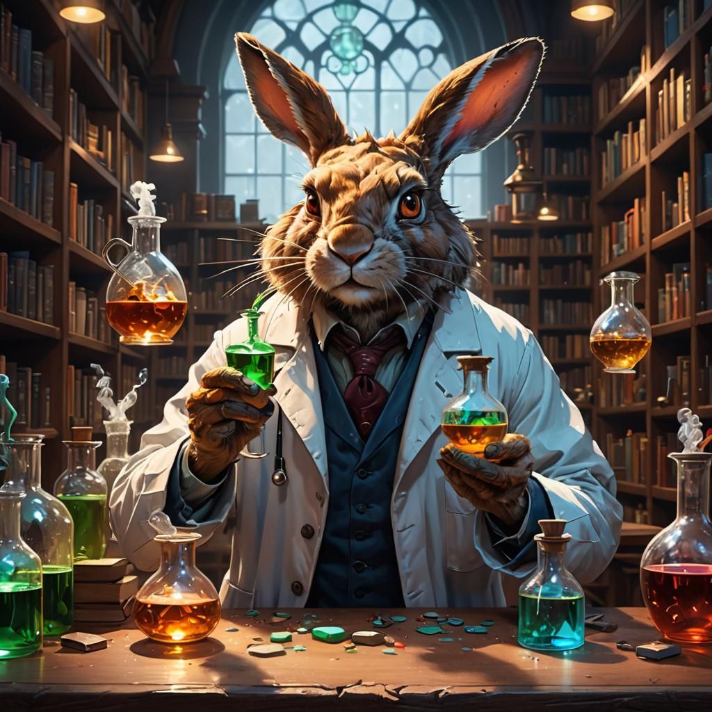 Hare Alchemist in Library, Digital Portrait