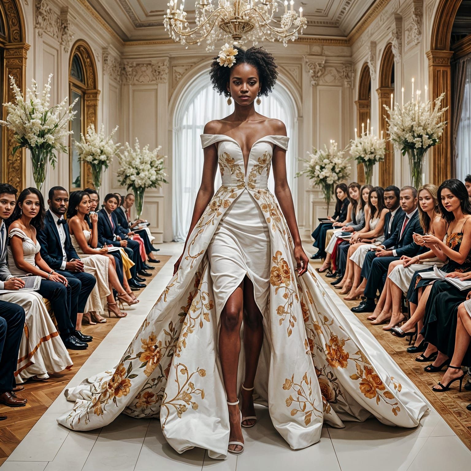 Elegant African Woman Strolls Catwalk in Bold Floral Ballgow...