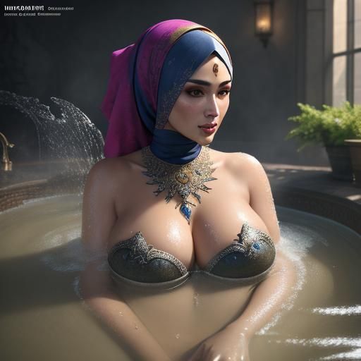 Hyperrealistic Hijab Woman Taking a Bath