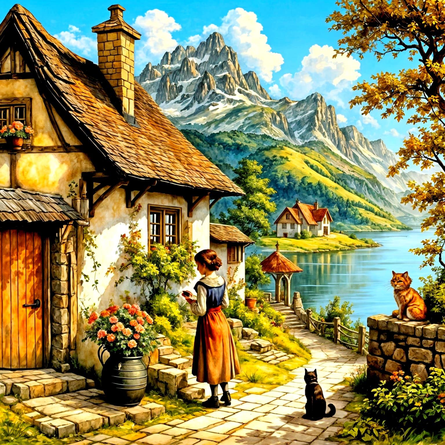 A girl and her cat, inspired by anton pieck, lake, cottage, ...