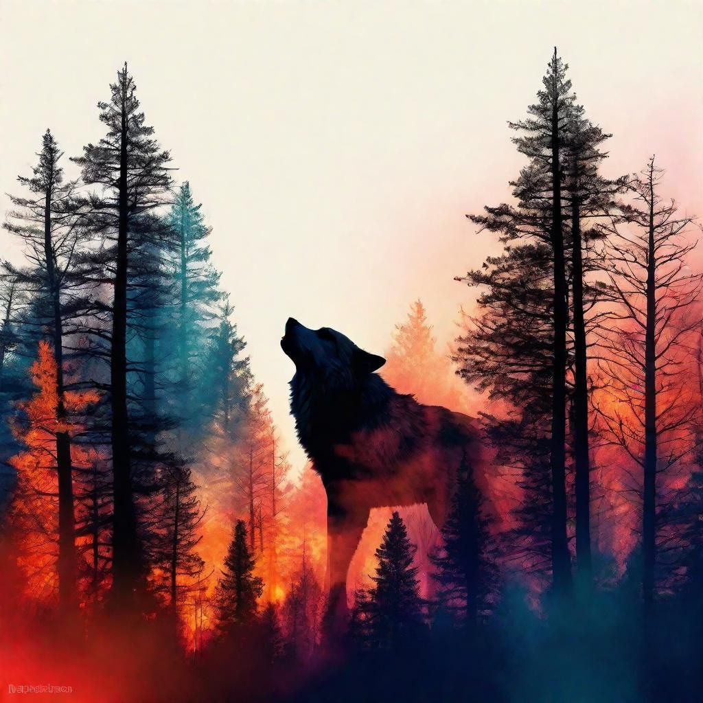 Fiery Wolf Silhouette: Double Exposure Splash Art