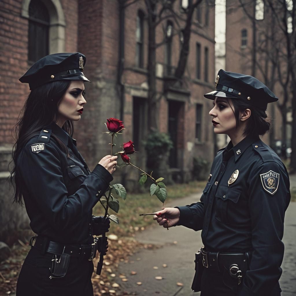 Dramatic Film Still of Emo Vampire Woman and Cop