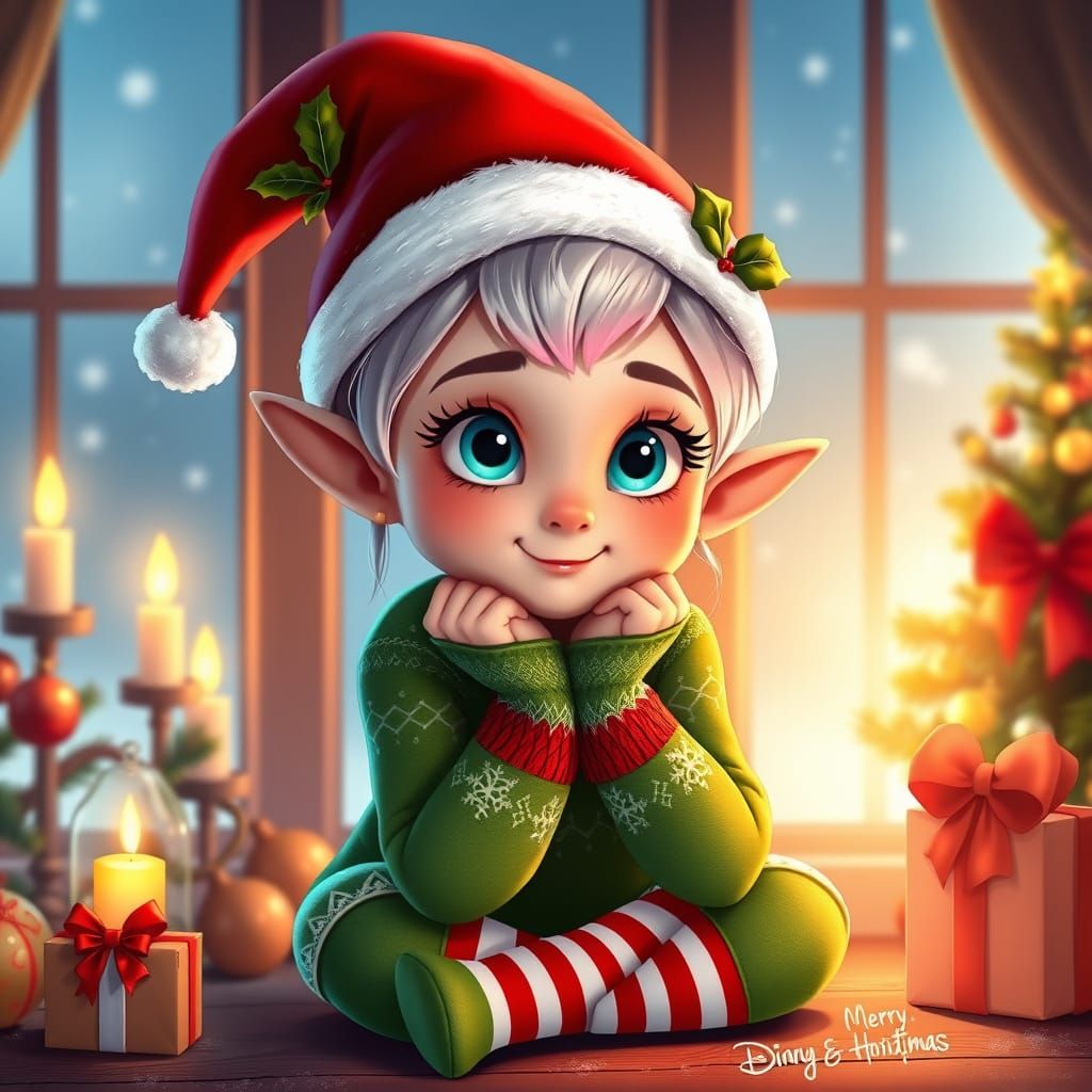 Whimsical Elf in Santa Hat, Festive Holiday Scene