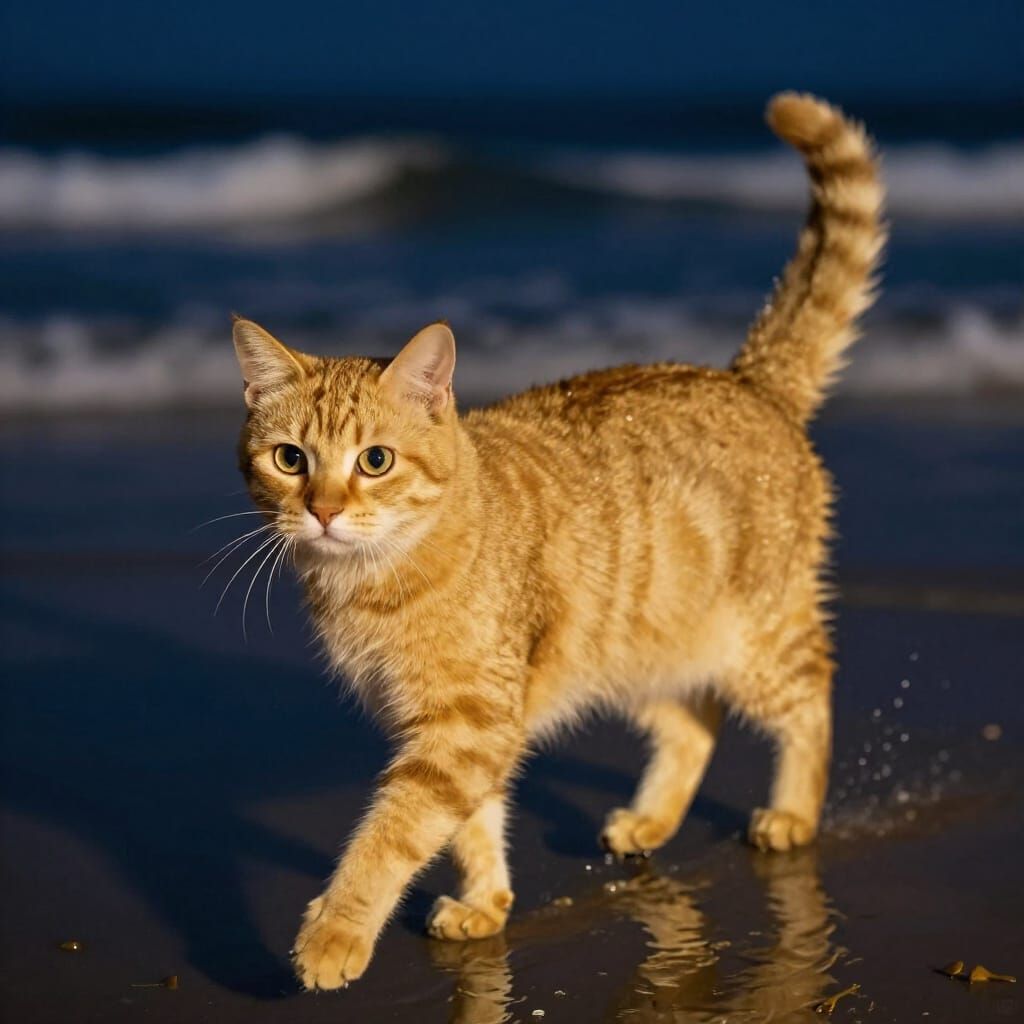 Liquid Golden Cat Walks on Night Sea