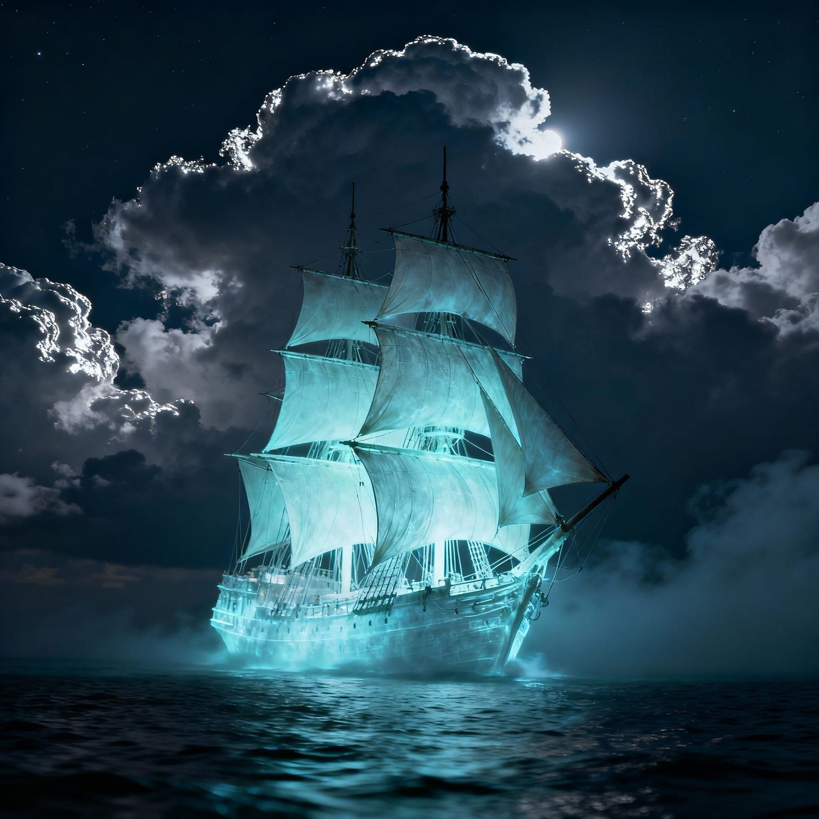 Ghostly Galleon Sails Through Cloud-Lit Night Sky