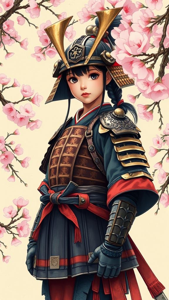 Samurai Girl in Cherry Blossoms, Manga Style