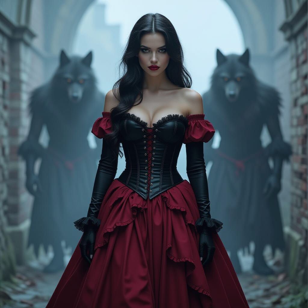 Gothic Queen with Werewolves in Dark Fantasy Style