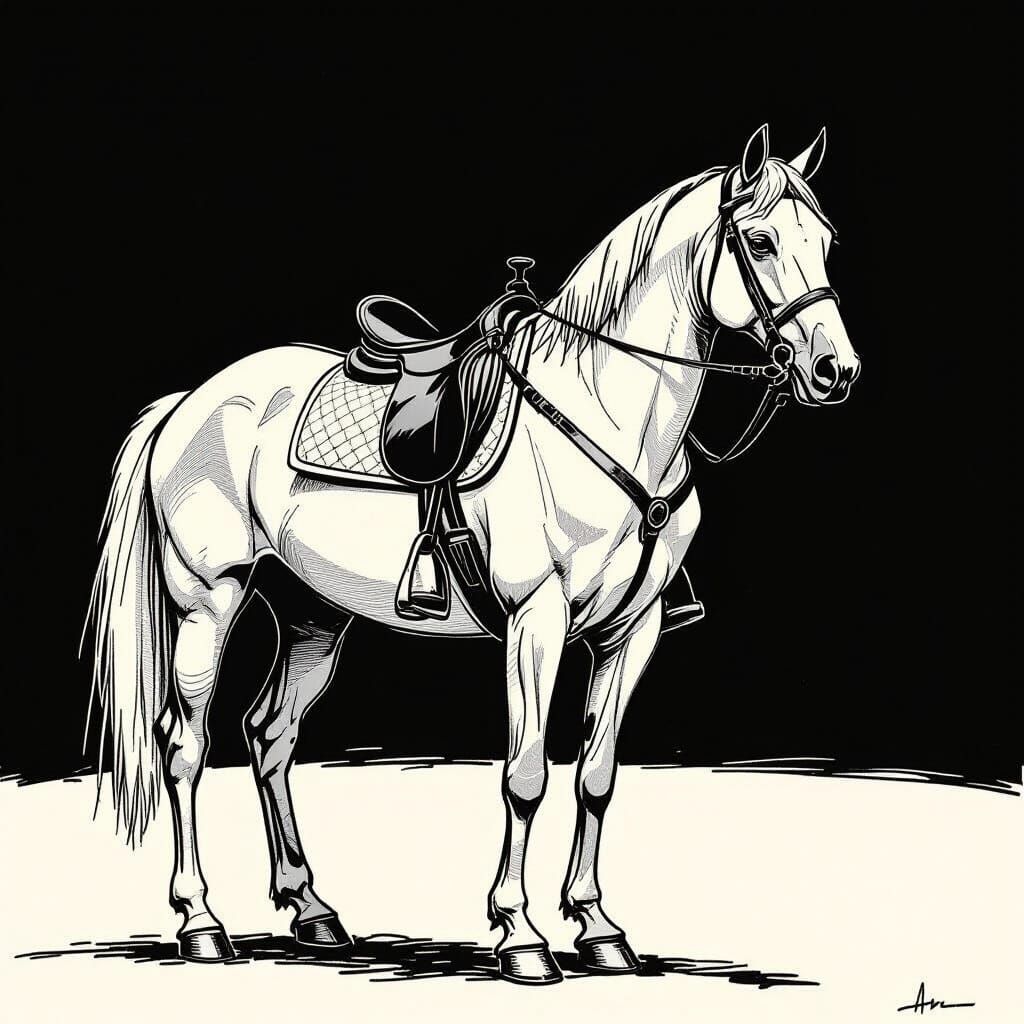 Simple Black and White Horse Sketch with Saddle