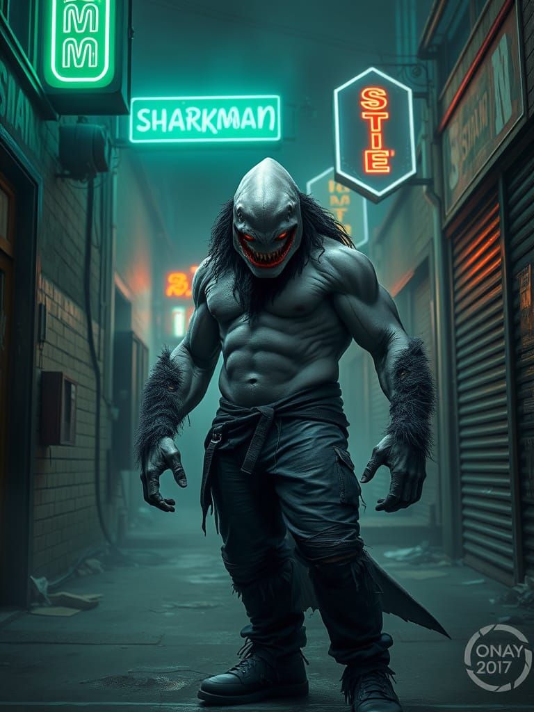 Sharkman in Dystopian Noir Alleyway