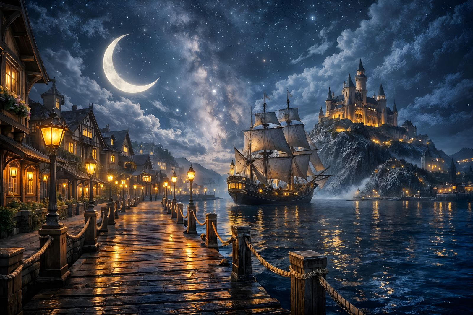 Fantasy Seaside Town at Night with Illuminated Pier and Ship