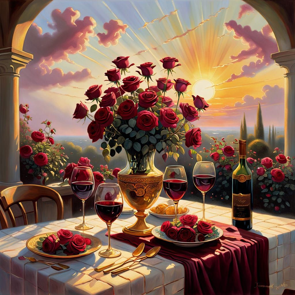 Ethereal Fantasy Garden Scene with Wine and Roses