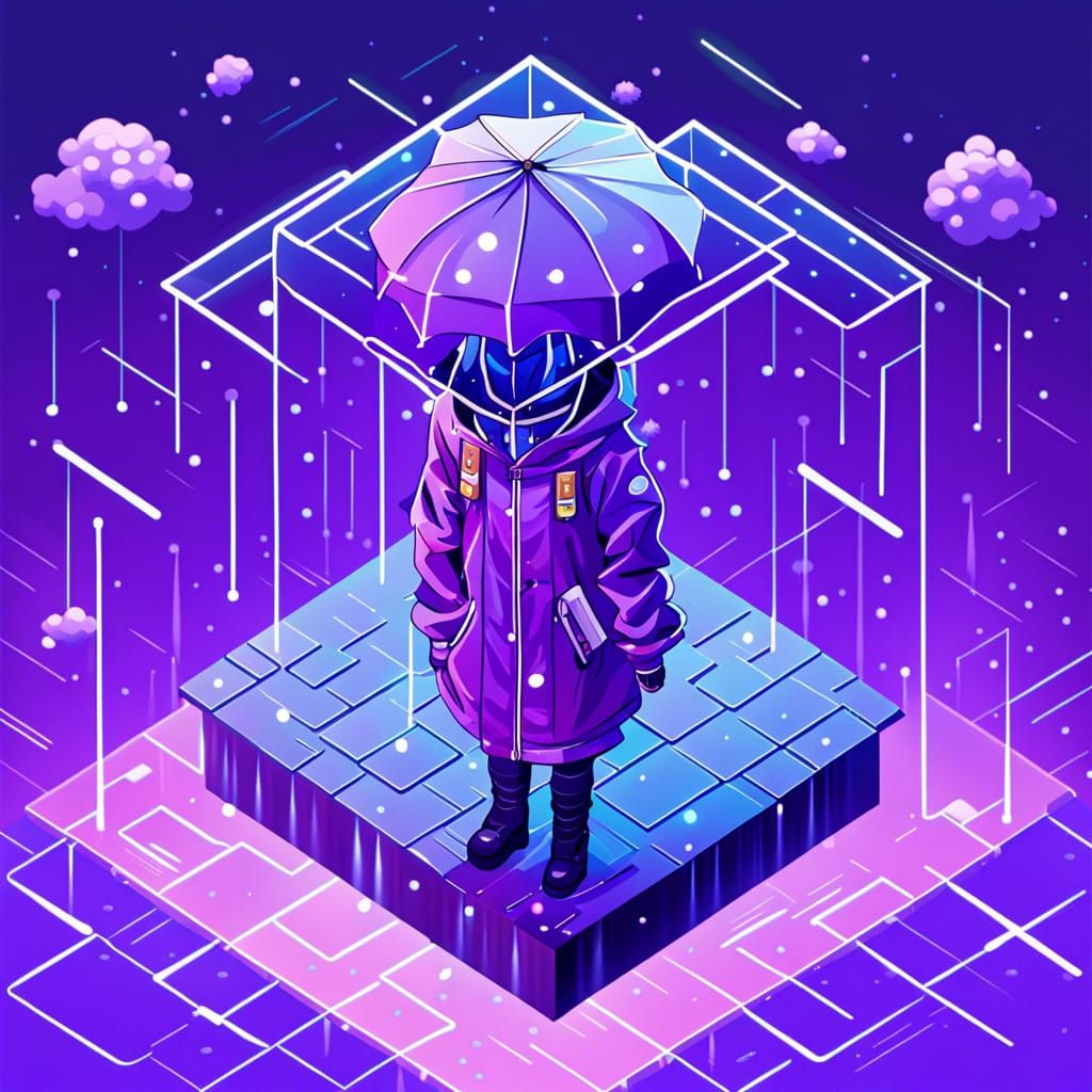 Isometric Anime Floating Raincoat in Purple Space
