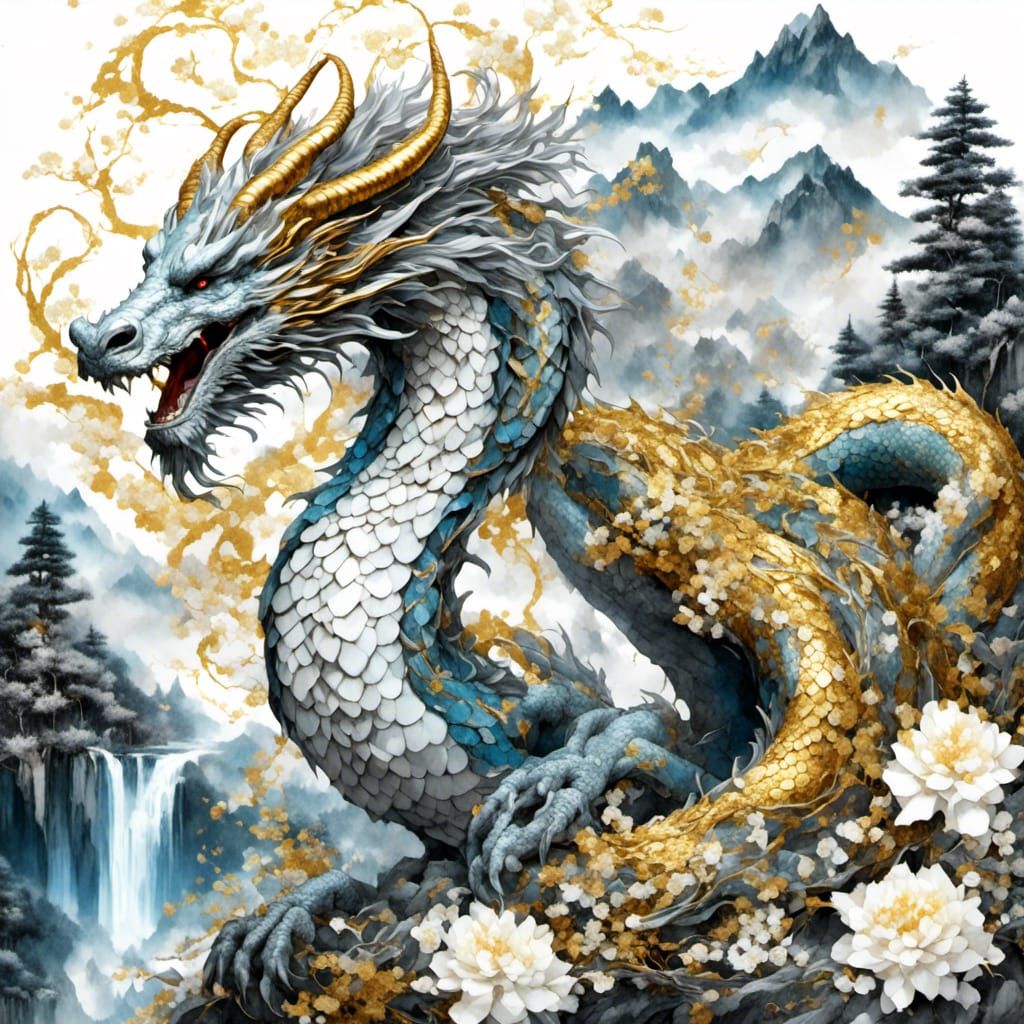 Iridescent Dragon in Japanese Watercolor Style