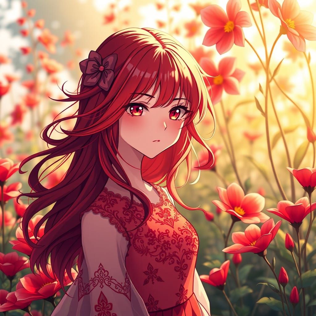 Vibrant Red-Haired Girl in a Scarlet Garden