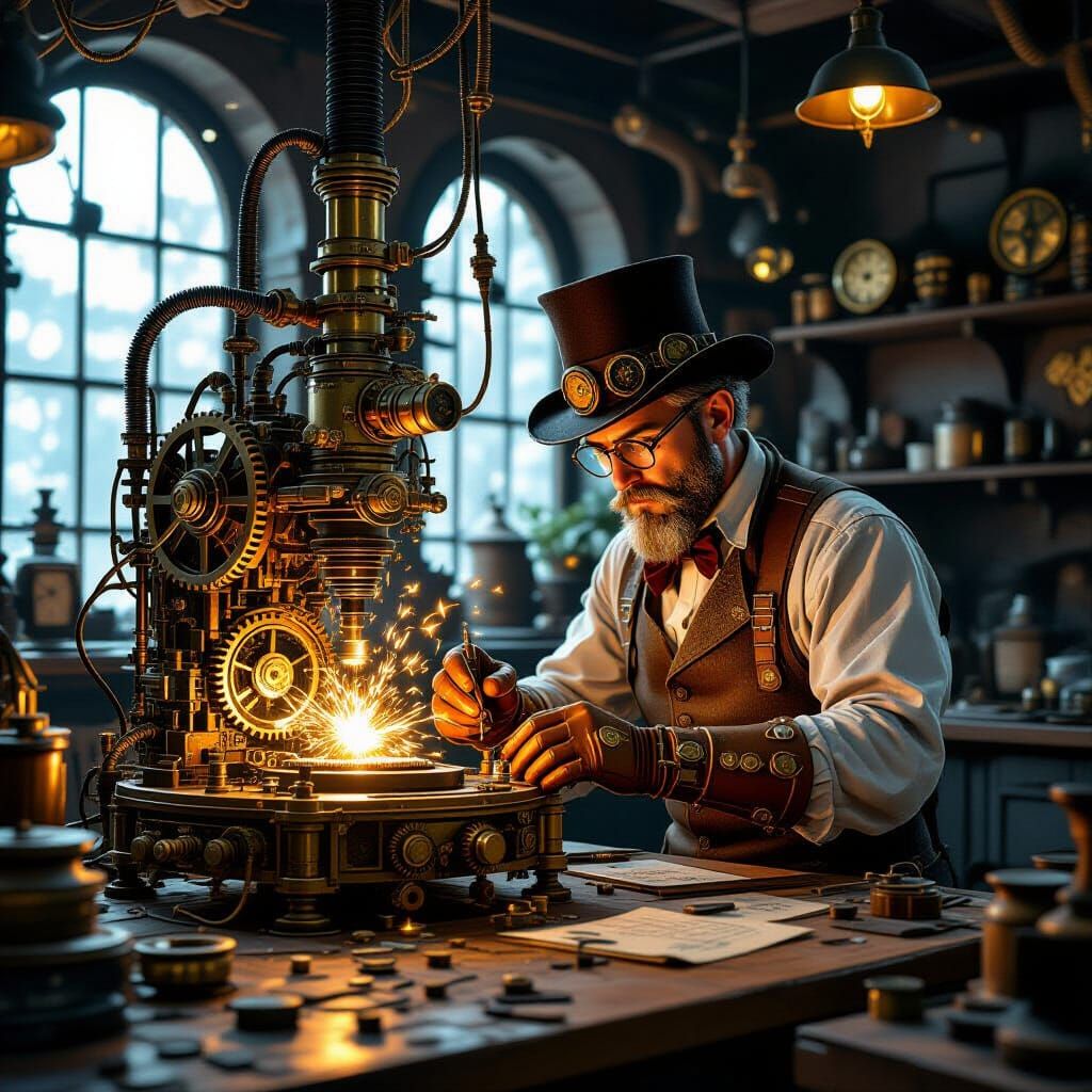 Steampunk Inventor Tinkering with Machine