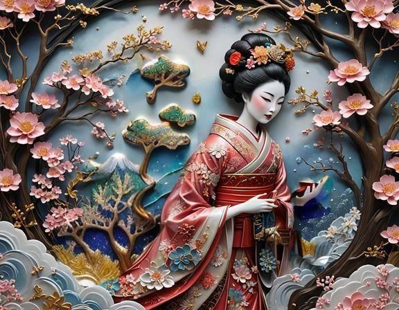 Japanese Forest Landscape in Mixed Media