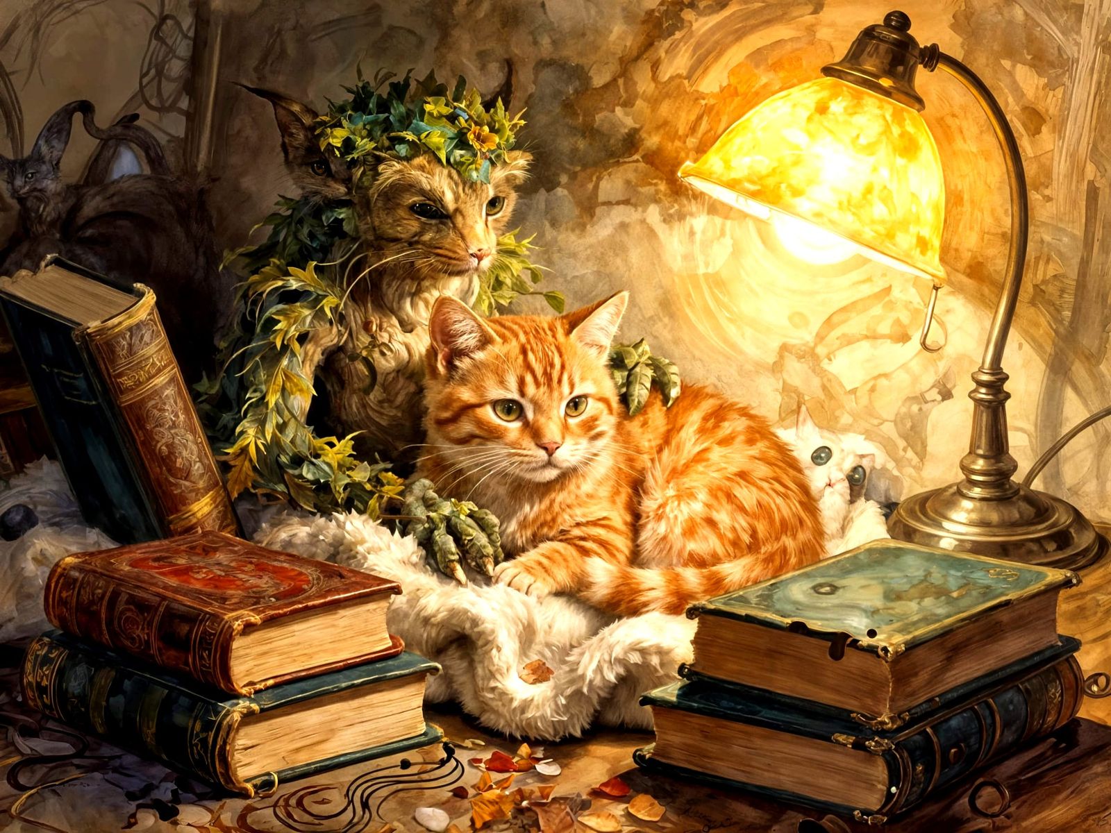 Cat and Magical Creature in Cozy Surreal Reading Nook