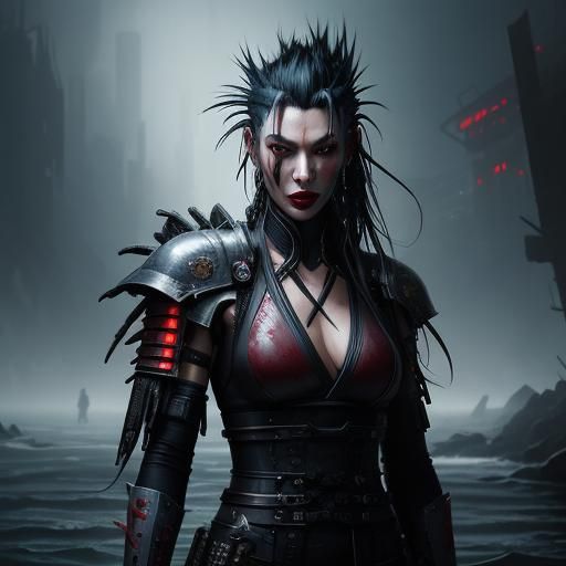 Cyberpunk Samurai Warrior in Bloody River